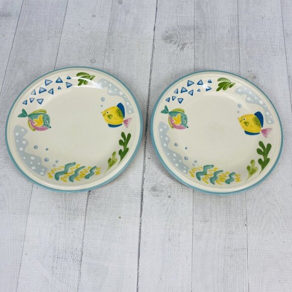 Studio Nova BARRIER REEF Y2310 Two Fish Plants Aqua Stoneware Salad Plates Set 4 - Picture 4 of 11